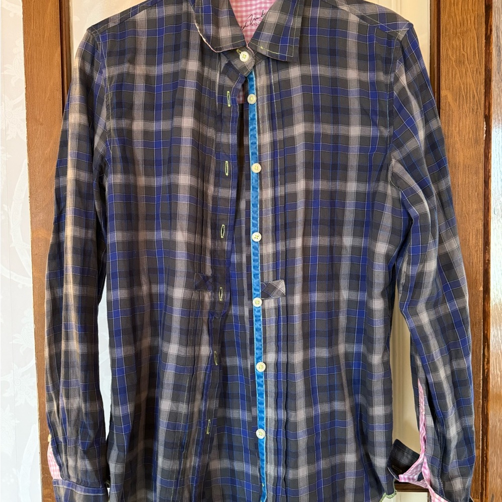 Women's Blue and Gray Plaid Button Down Shirt